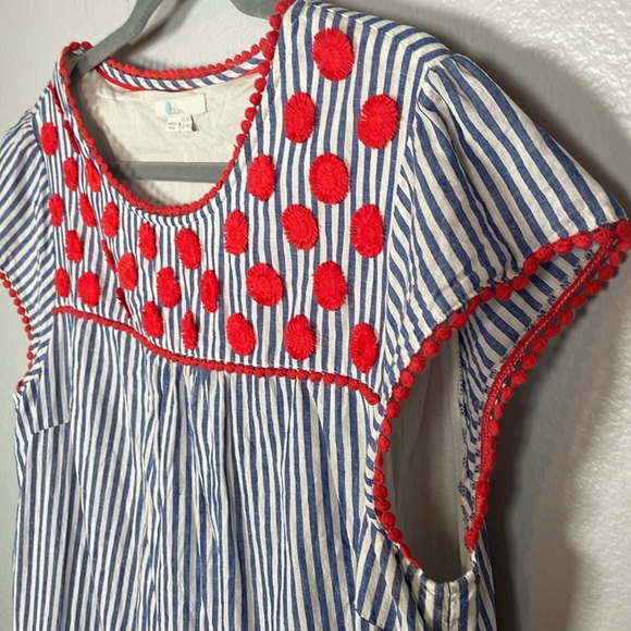 Boden blue & white striped Pom Pom linen blend tunic dress w/pockets size 14 - Picture 4 of 9